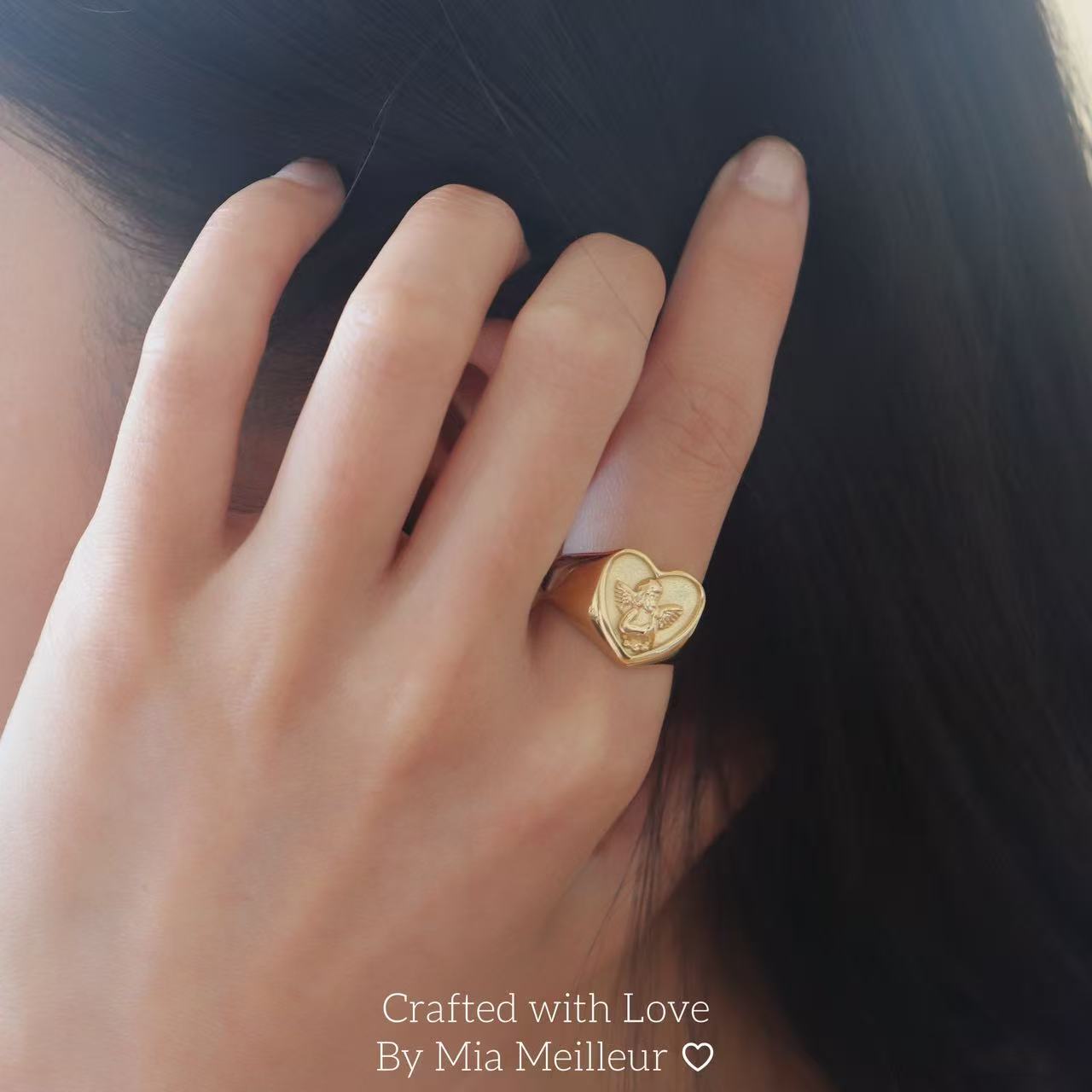 Vintage Inspired Gold Heart Signet Ring with Angel MR167