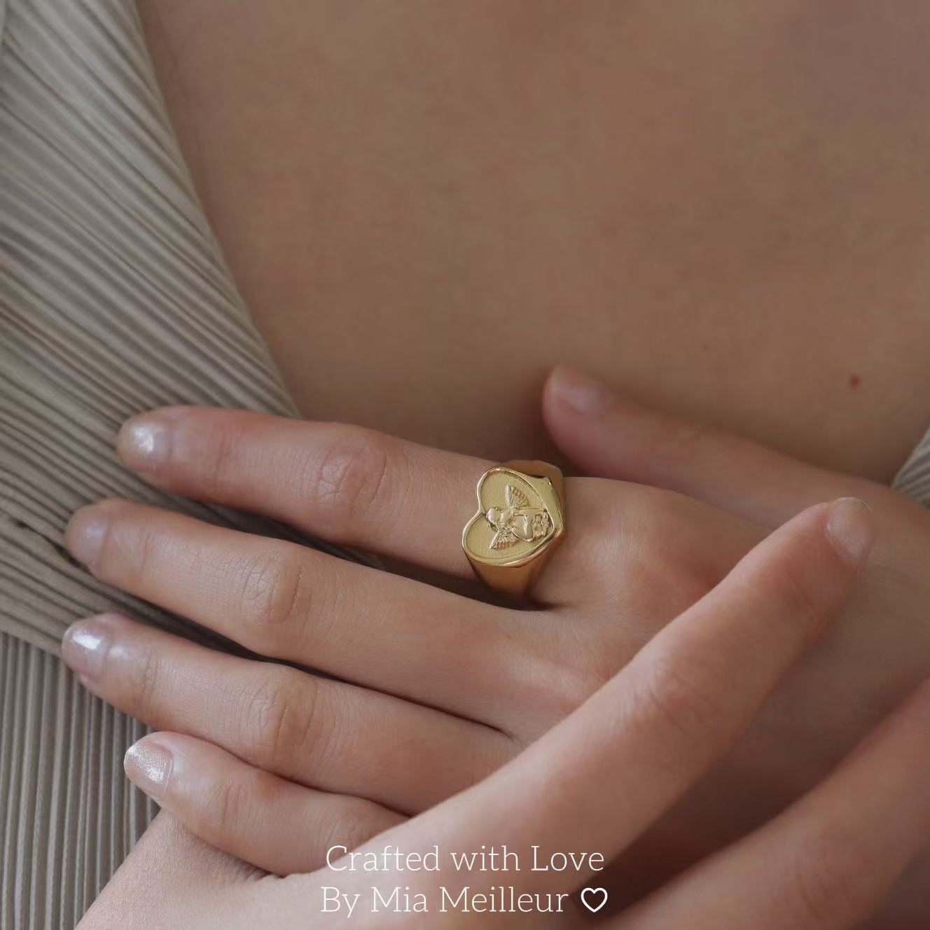 Vintage Inspired Gold Heart Signet Ring with Angel MR167