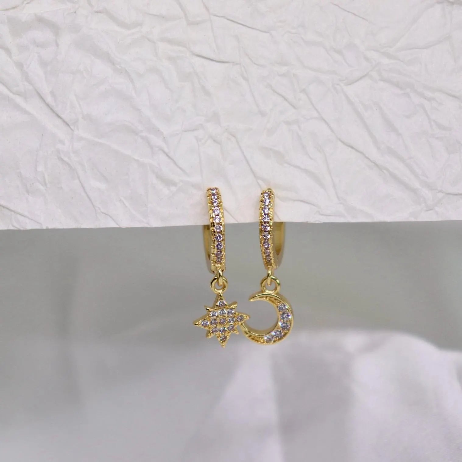 Moon and Star Pave Huggie Earrings
