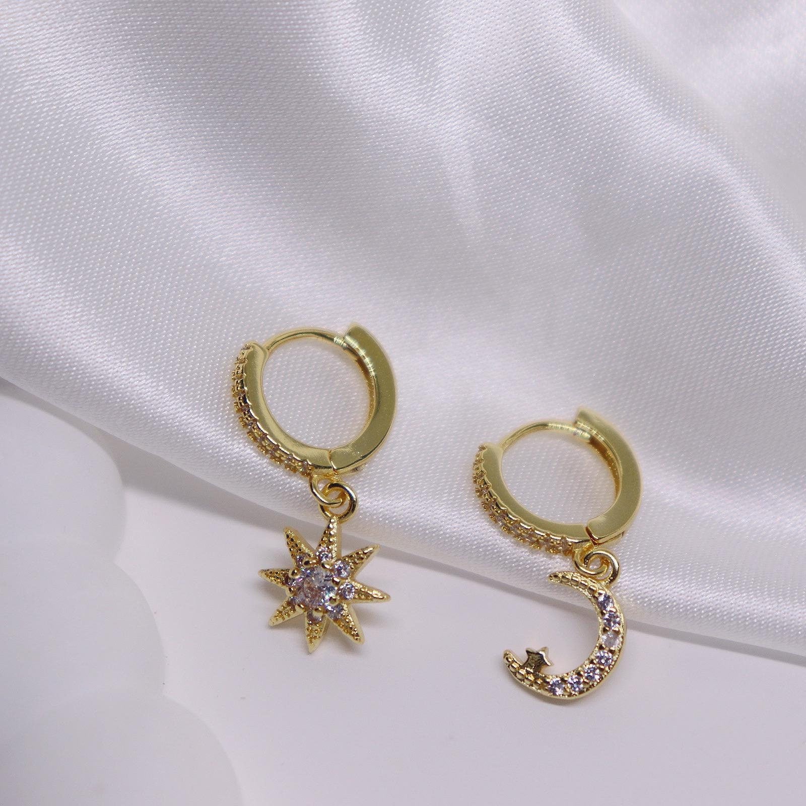 Star and Moon Pave Huggie Earrings