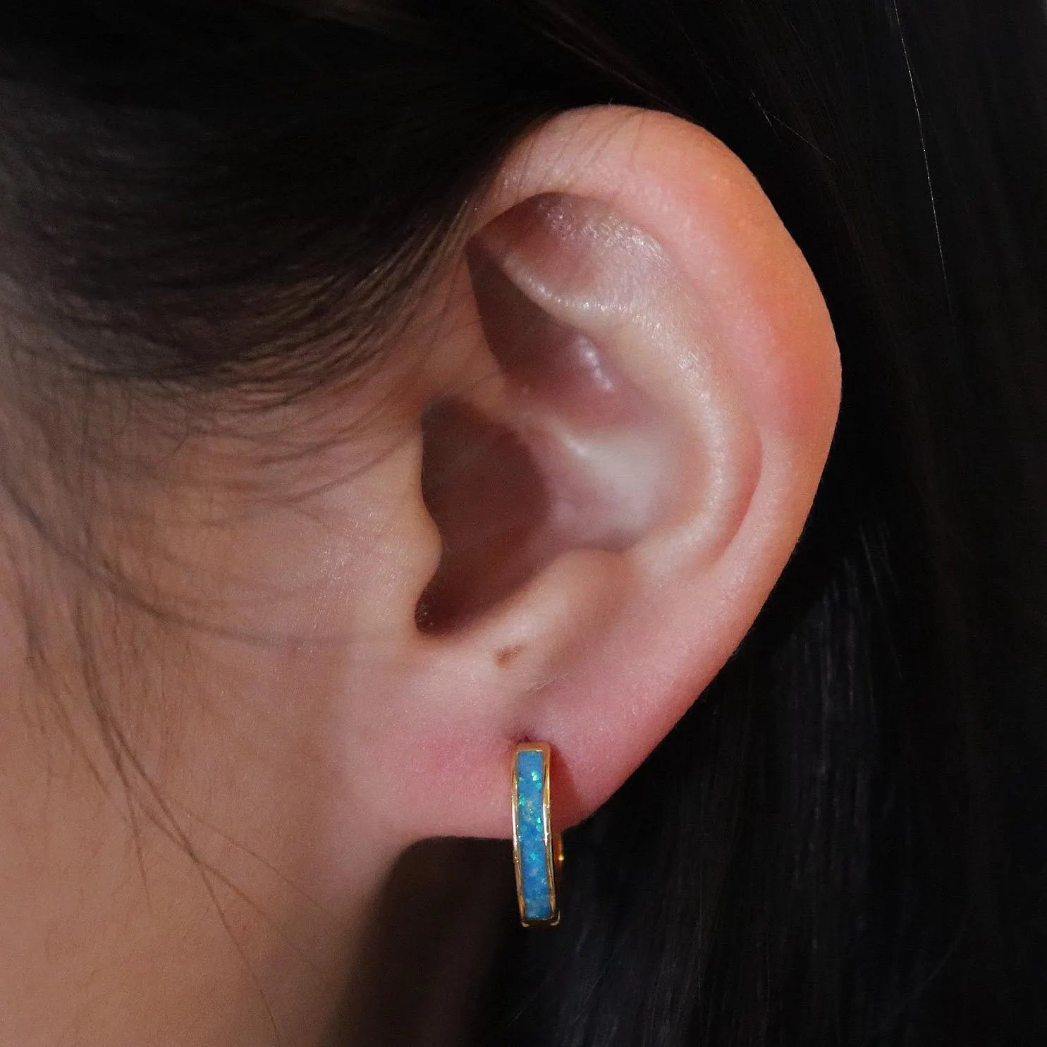 Dainty Blue Opal Huggie Earrings
