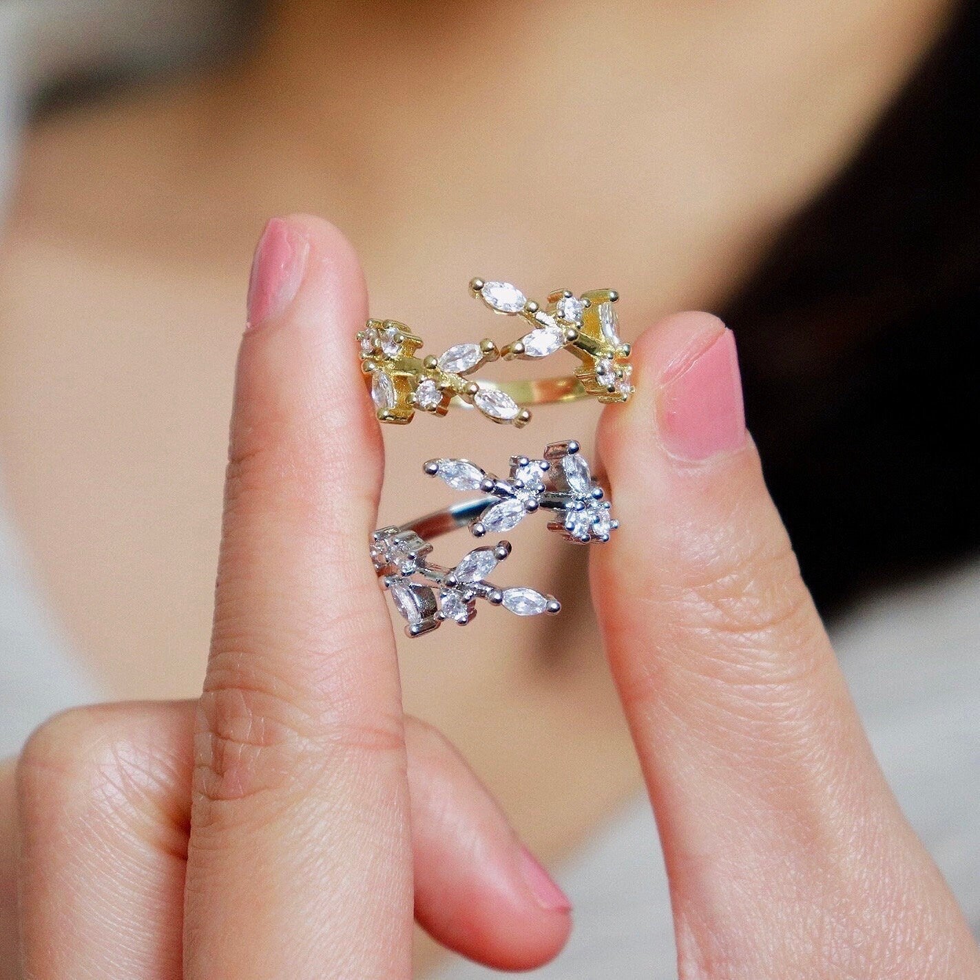 Diamond Leaf Ring in Gold and Silver
