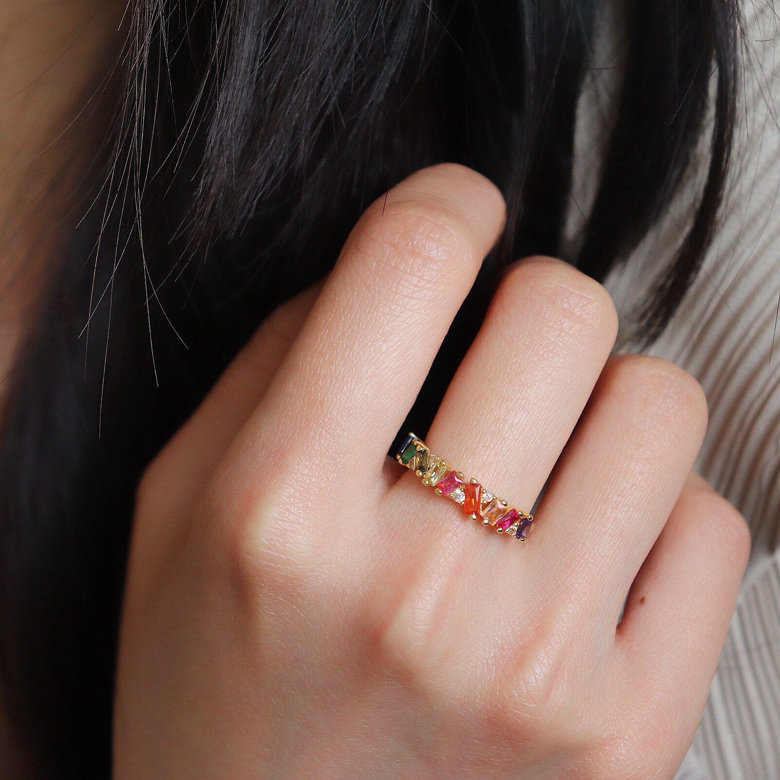 Rainbow Gemstone Gold Eternity Band