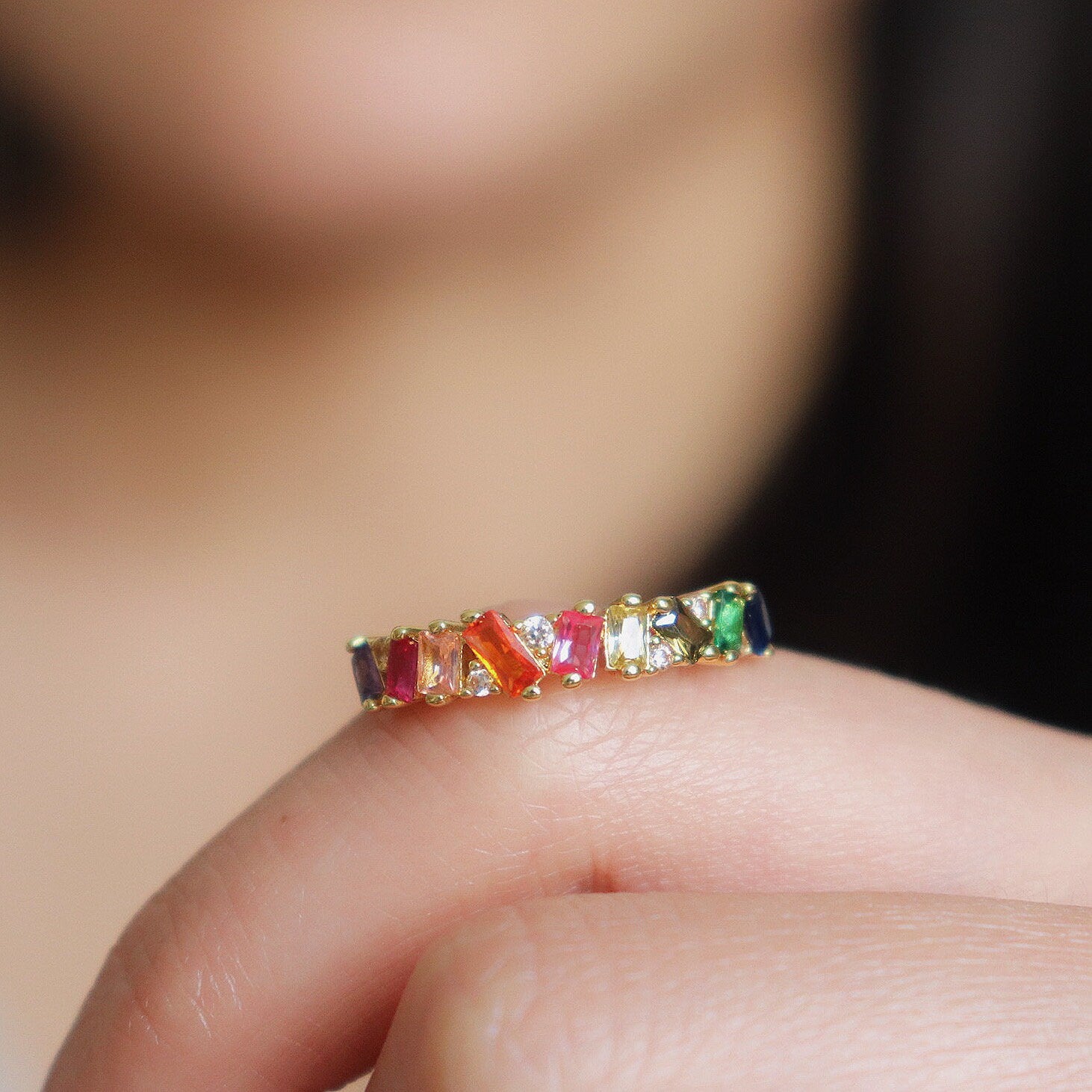 Rainbow Gemstone Gold Eternity Band