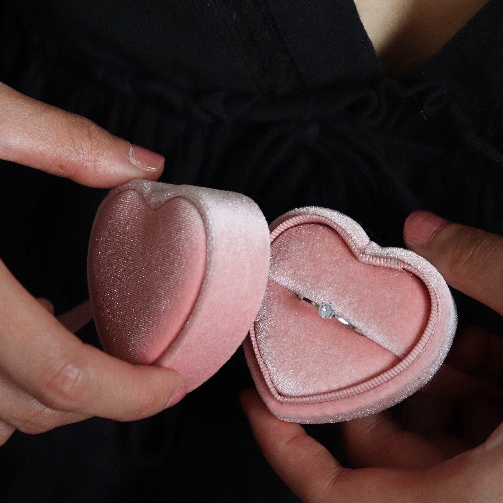 Pink Velvet Heart Ring Box with Ribbon