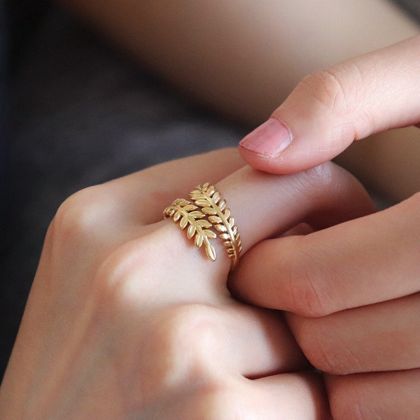14K Solid Gold Olive Branch Leaf Ring