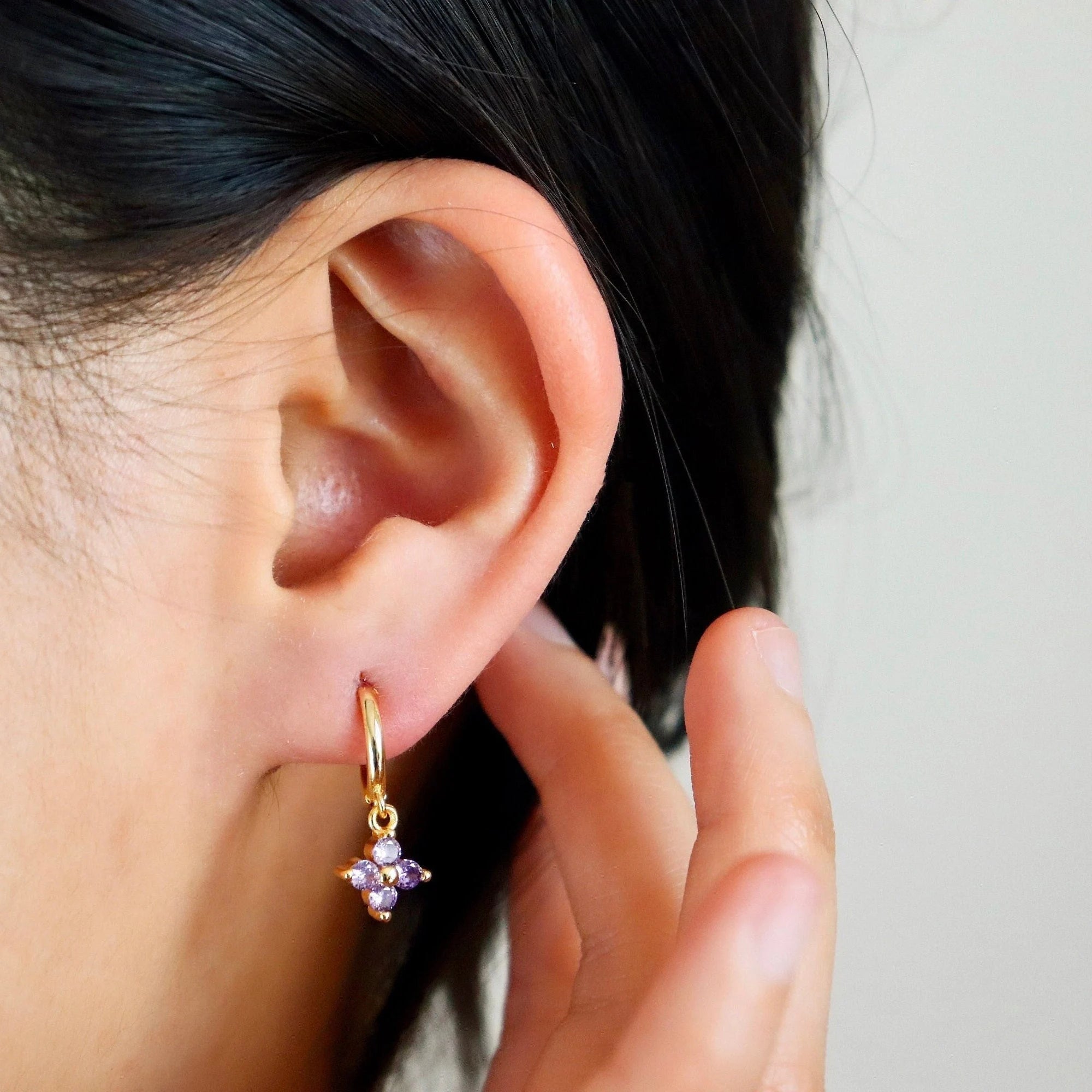 Dainty Lilac Flower Hoop Earrings