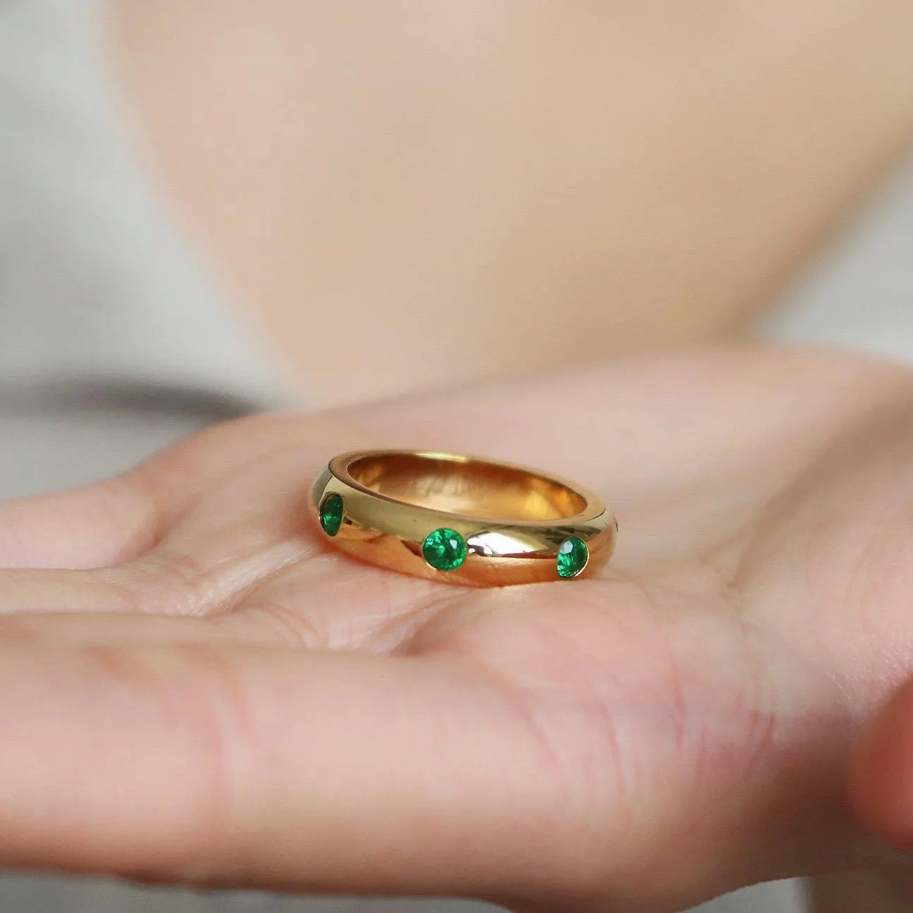 Gypsy Set Round Emerald Gold Band Ring