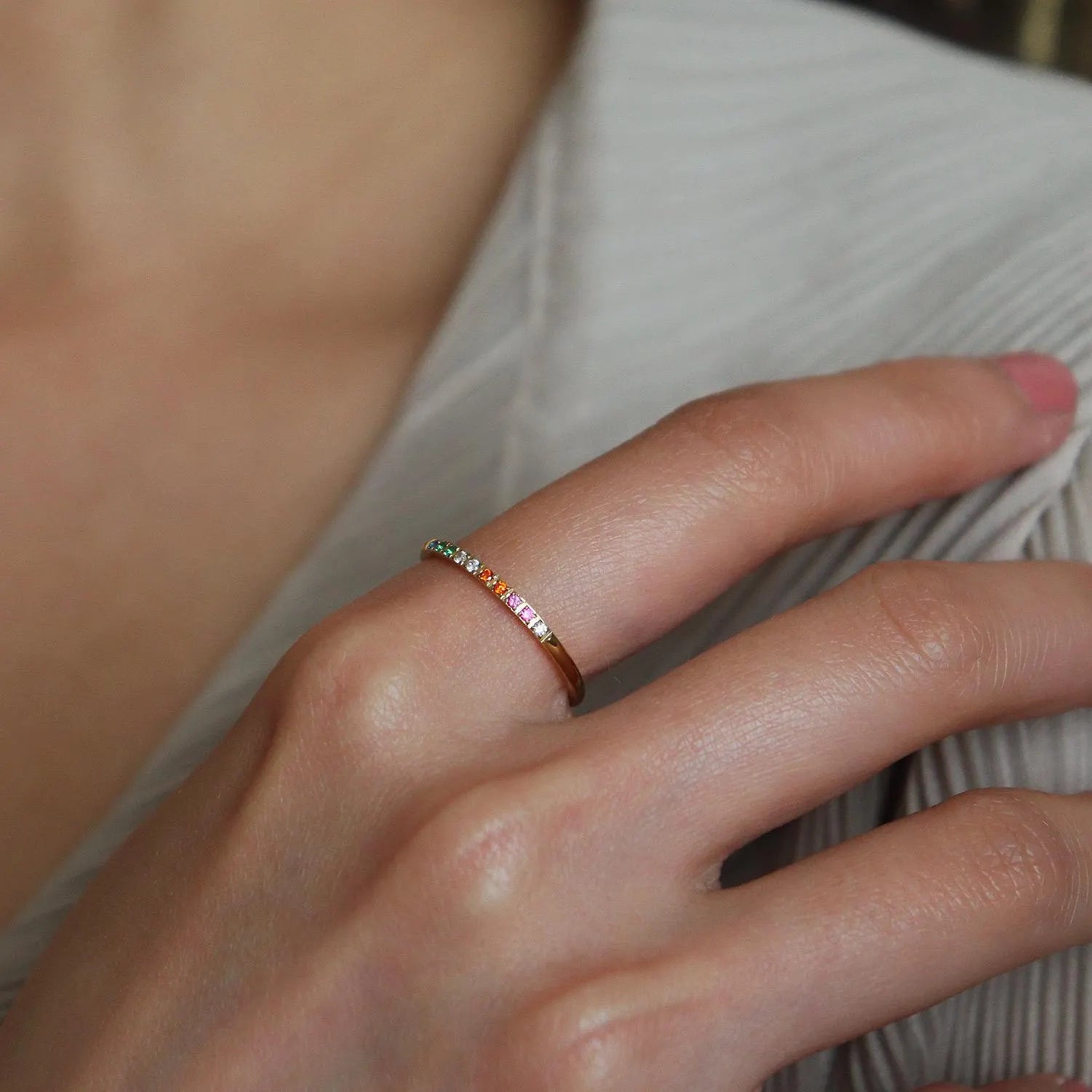 Dainty Rainbow Gemstone Gold Ring