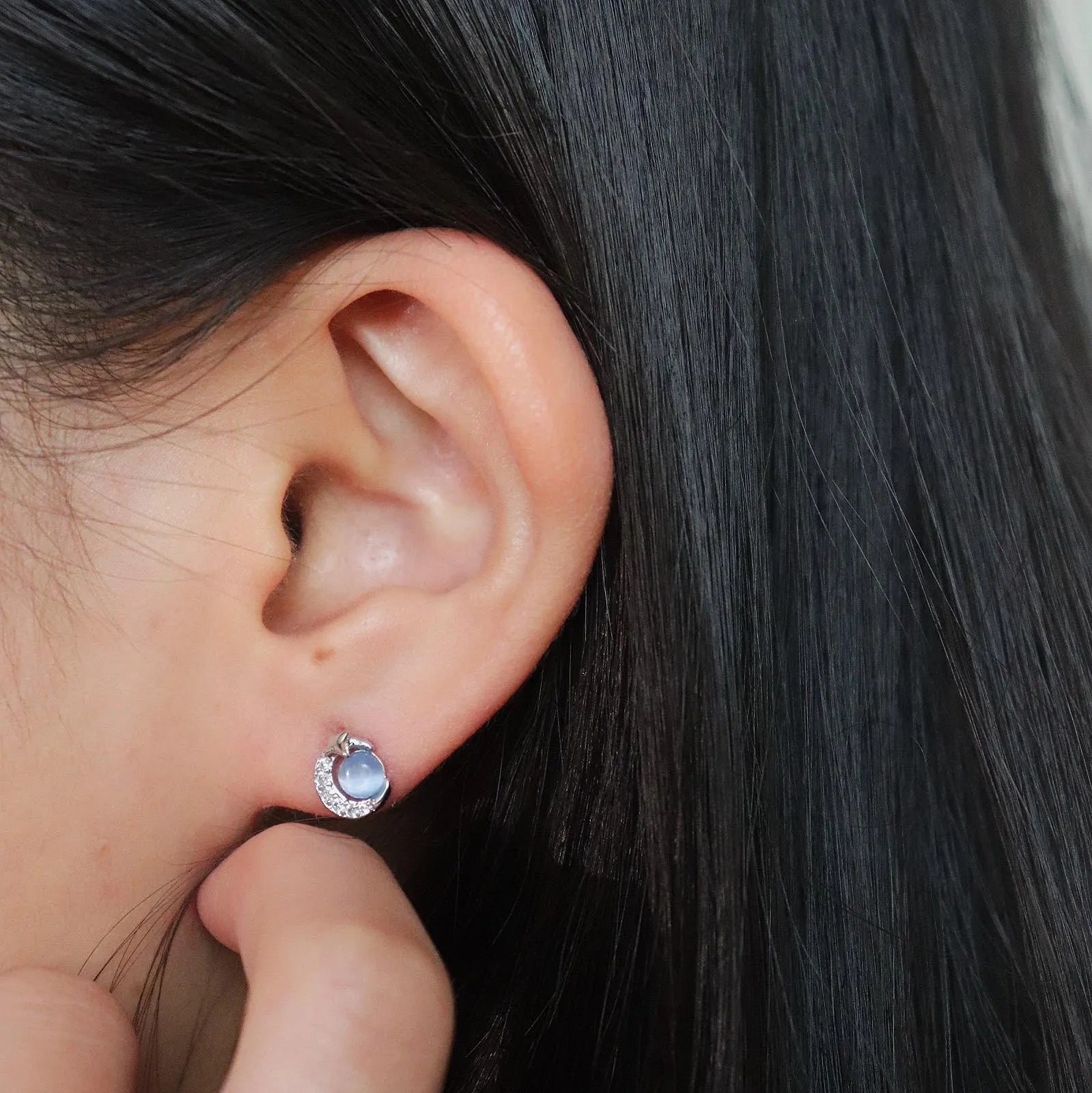 Dainty Blue Moonstone Saturn Stud Earrings