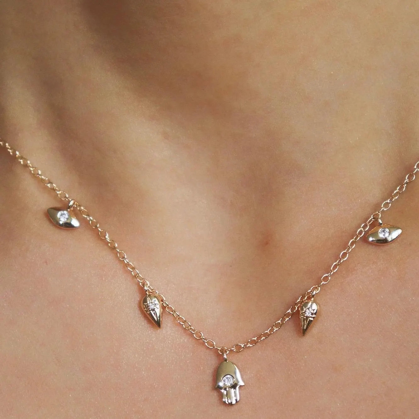 Minimalist Eye Charm Diamond Station Necklace