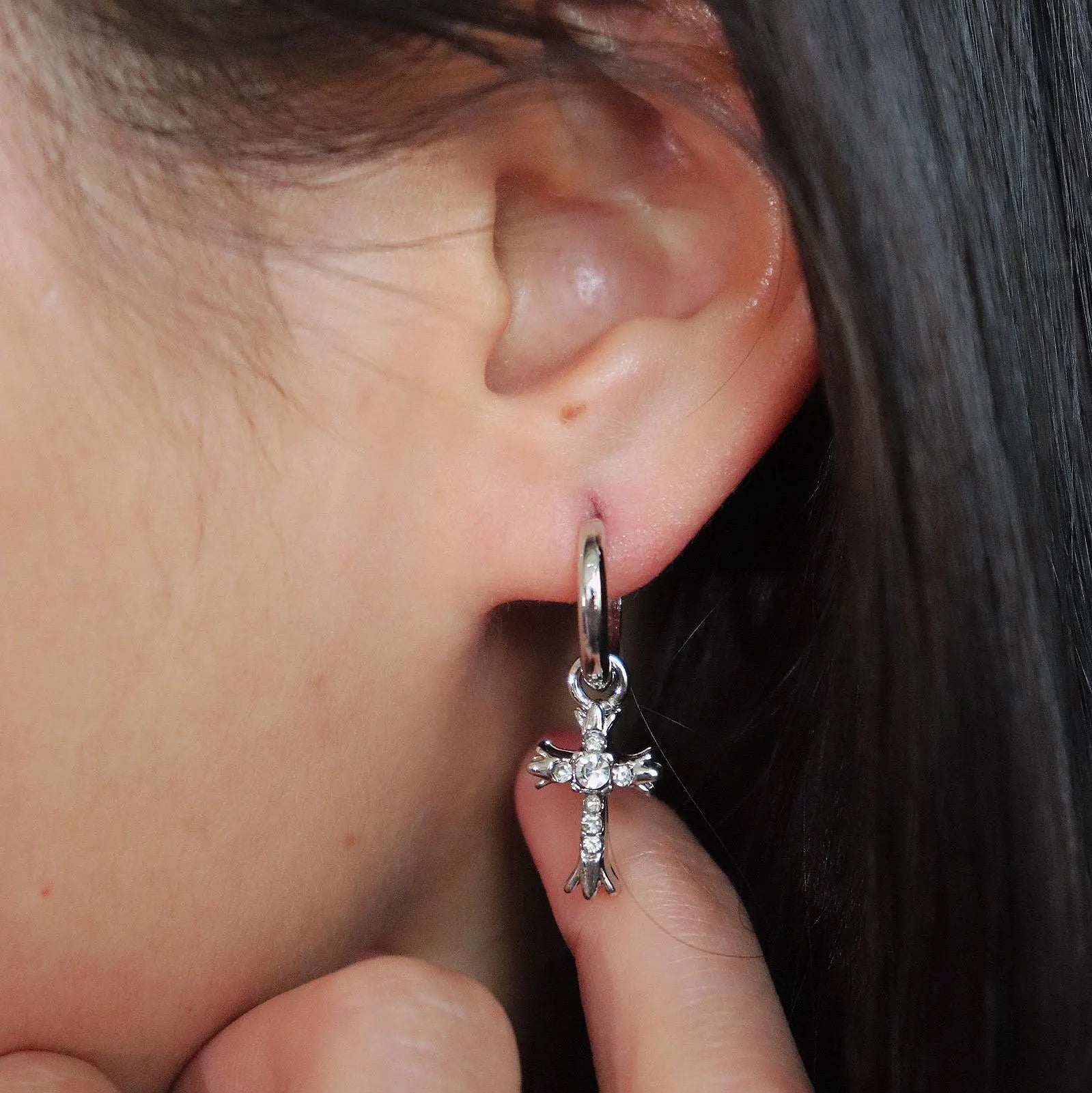 Silver Cross Earrings, Hoop Earrings with Dangling Cross Charm