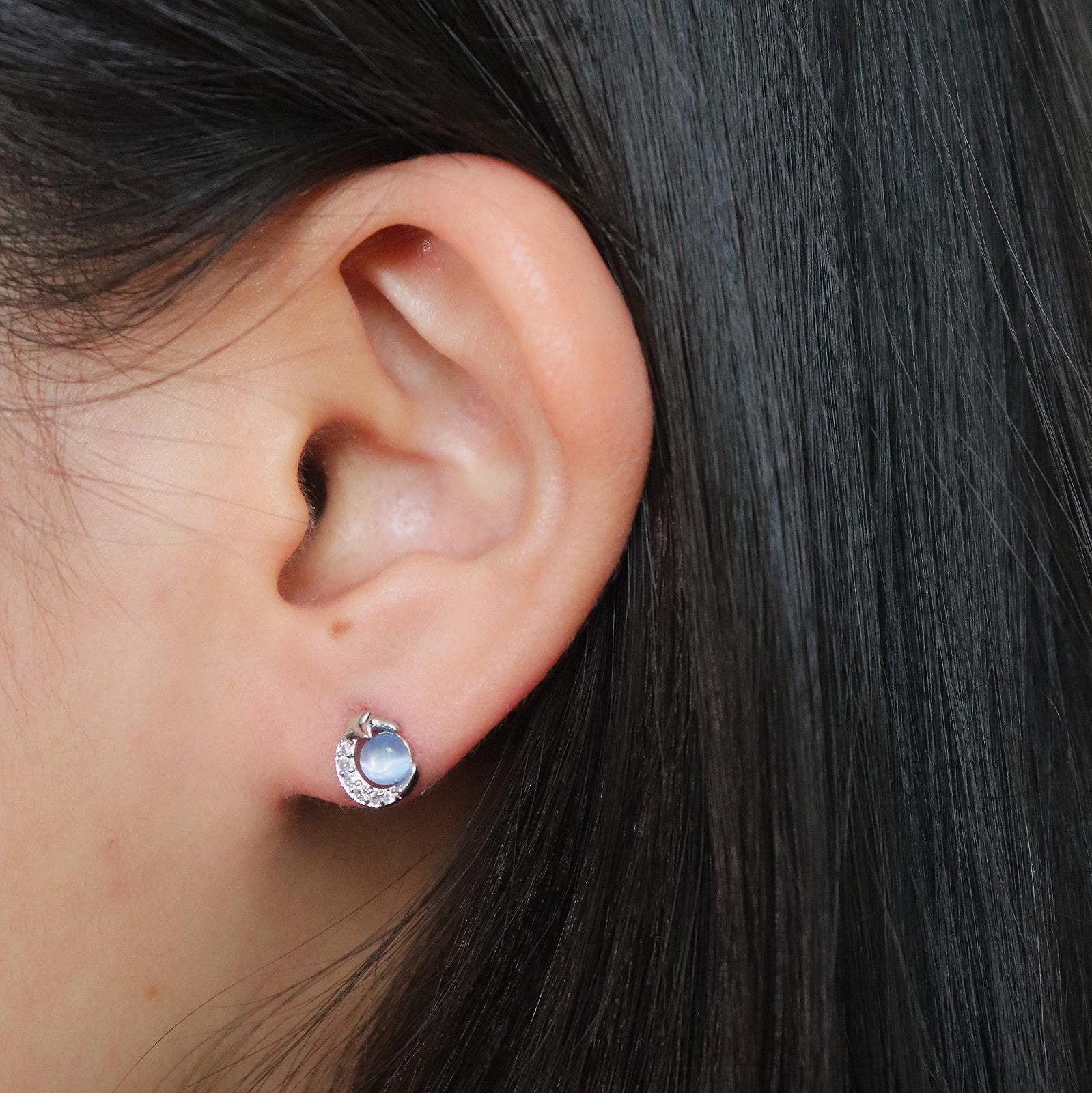 Dainty Blue Moonstone Saturn Stud Earrings