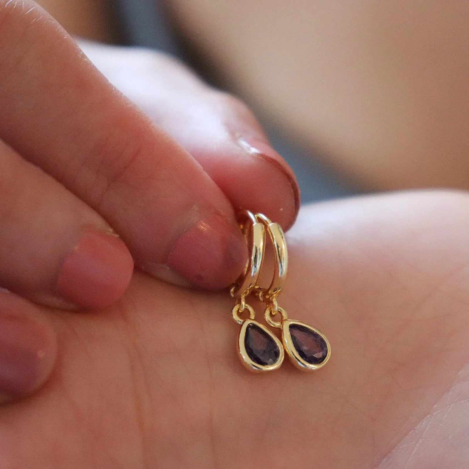 Dainty Amethyst Teardrop Hoop Earrings