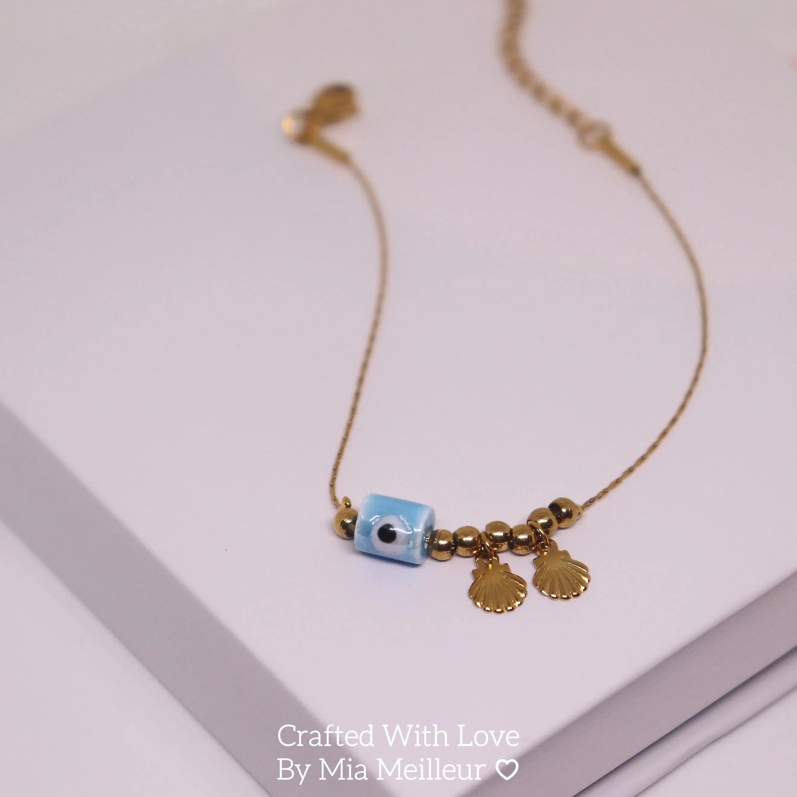 Dainty Evil Eye Bracelet with Seashell Charm