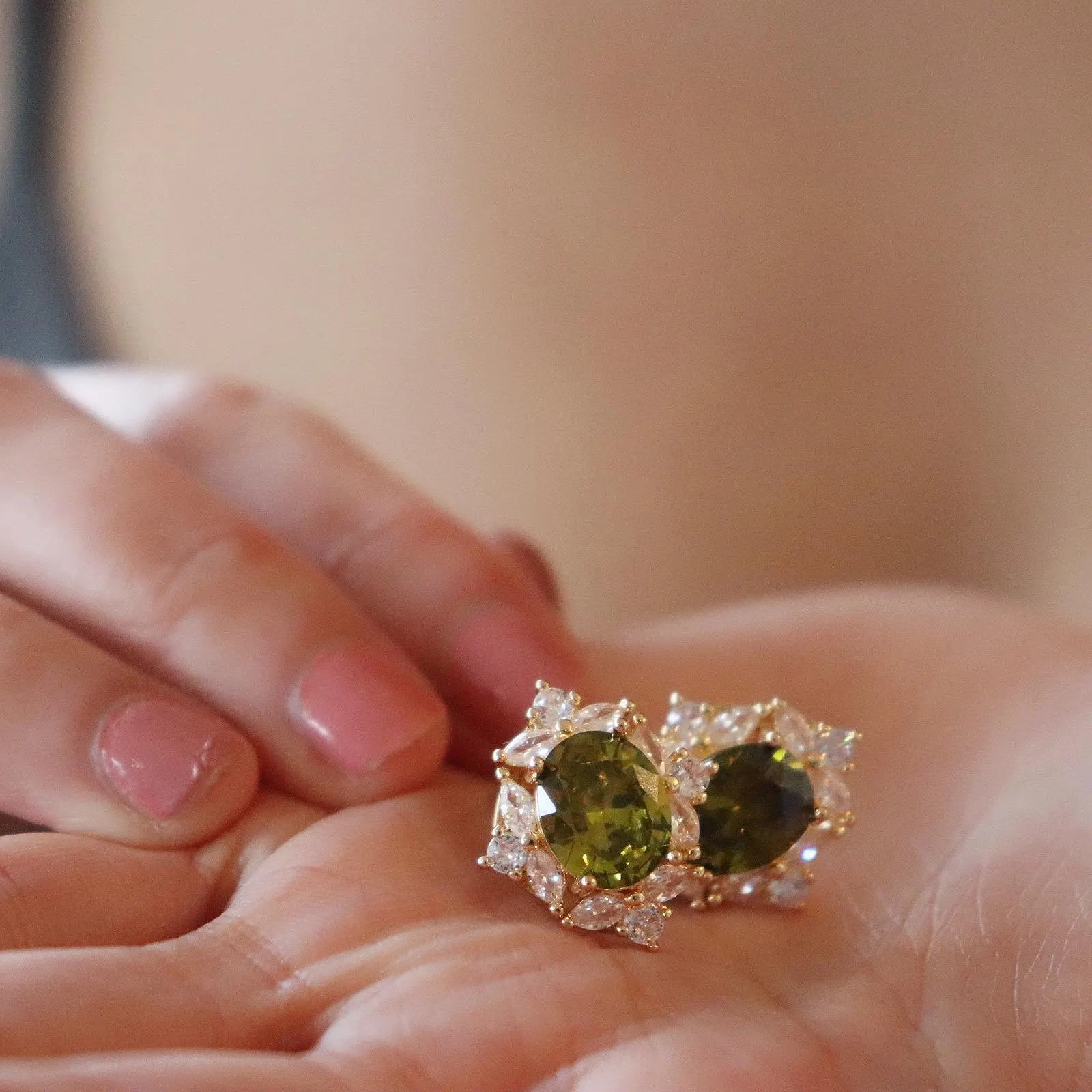 Olive Green Gemstone Halo Earrings