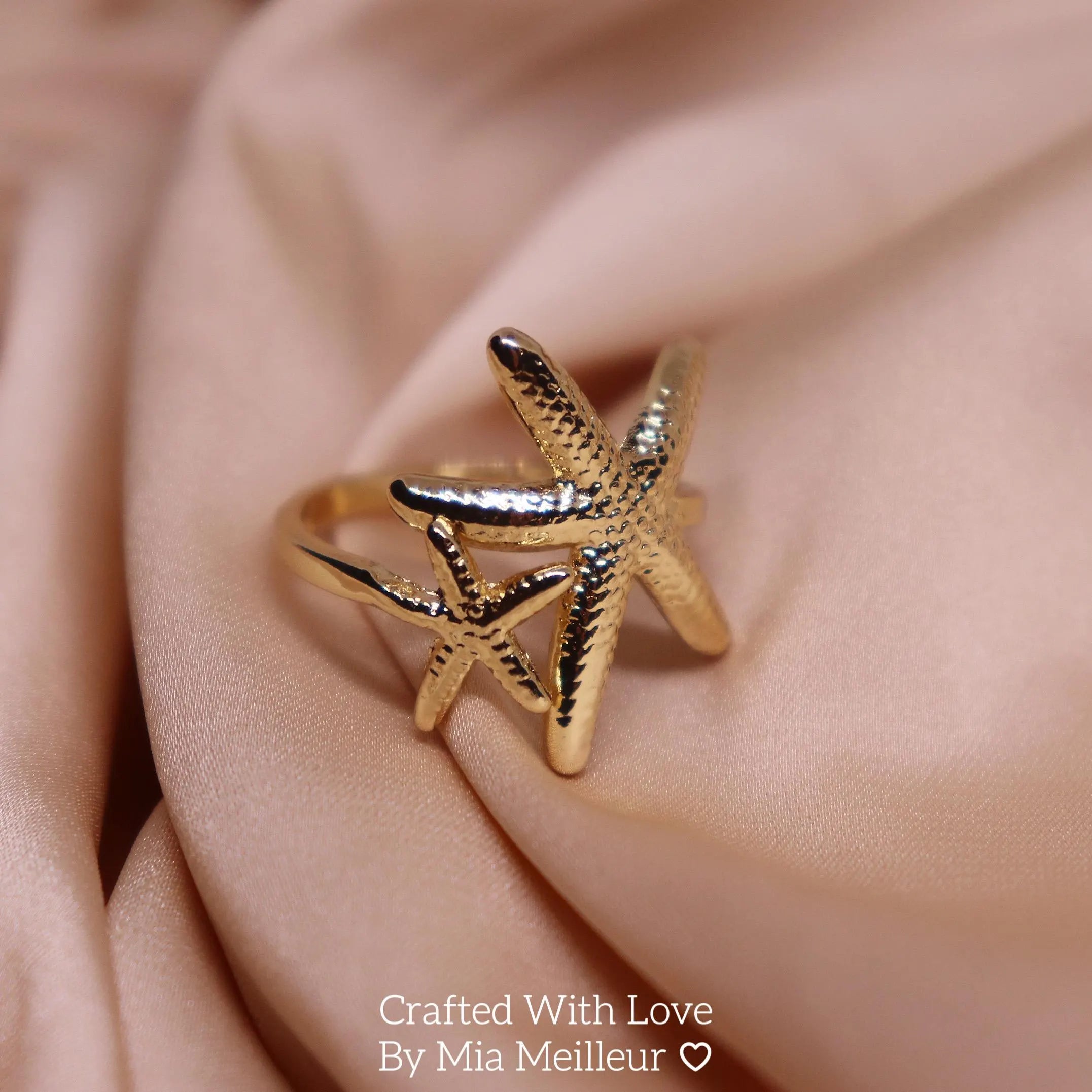 Gold Starfish Ring, Summer Beach Adjustable Ring, 18K Gold Plated Stacking Ring