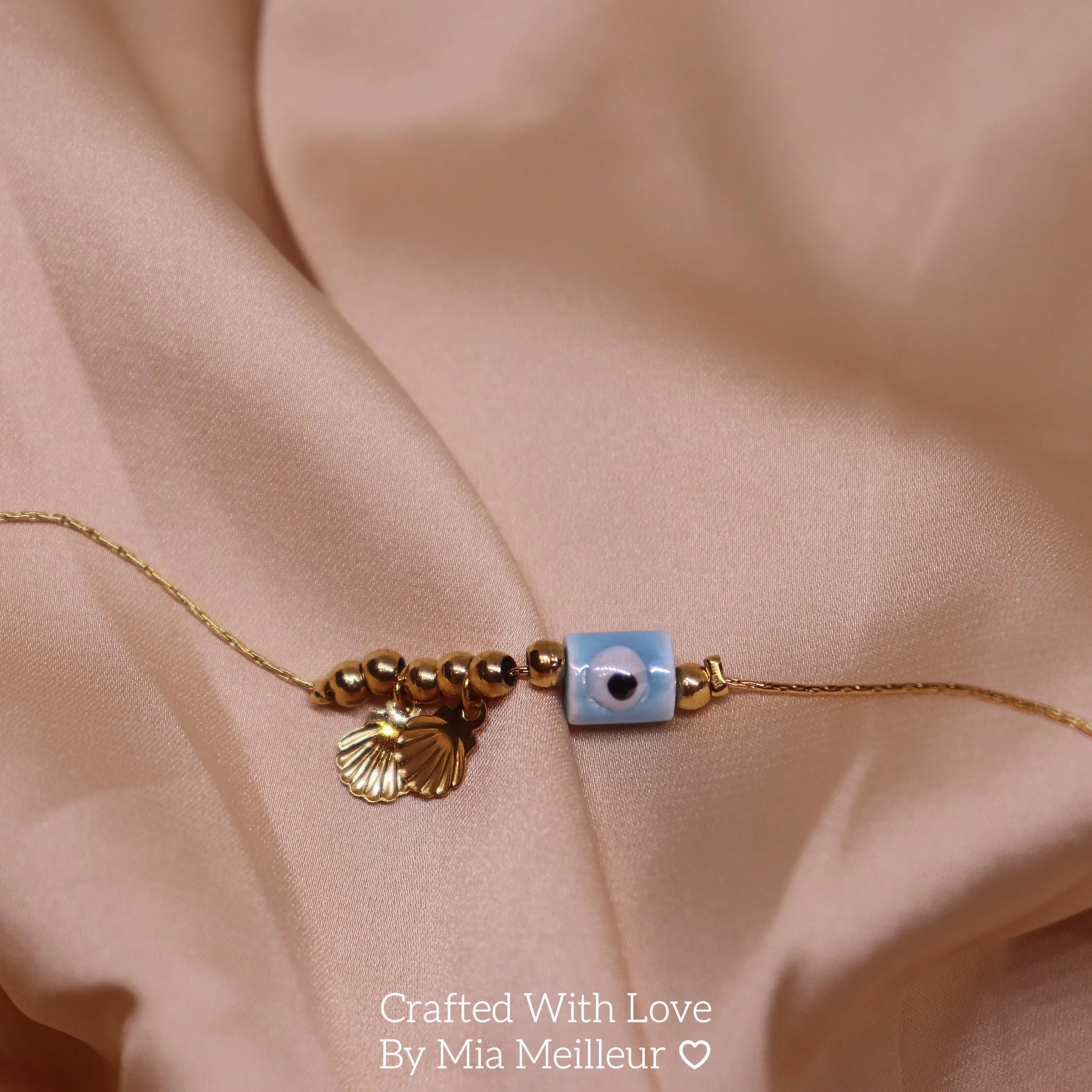 Dainty Evil Eye Bracelet with Seashell Charm