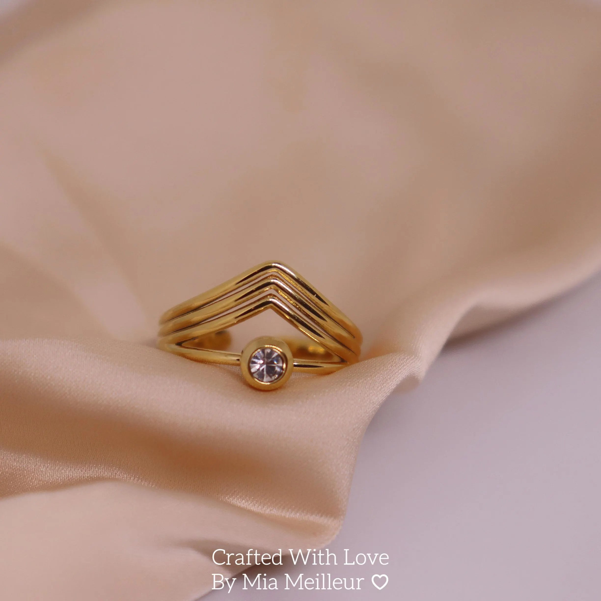 Gold Chevron Ring, Curved Art Deco Stacking Ring
