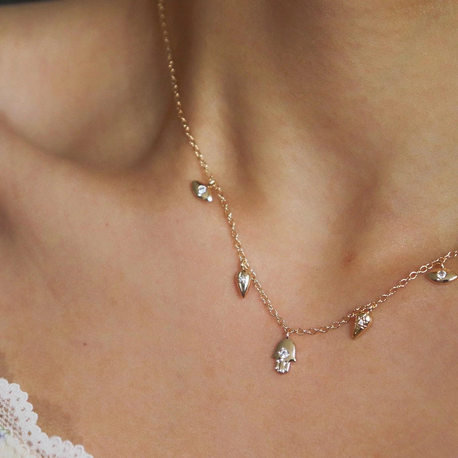 Minimalist Eye Charm Diamond Station Necklace