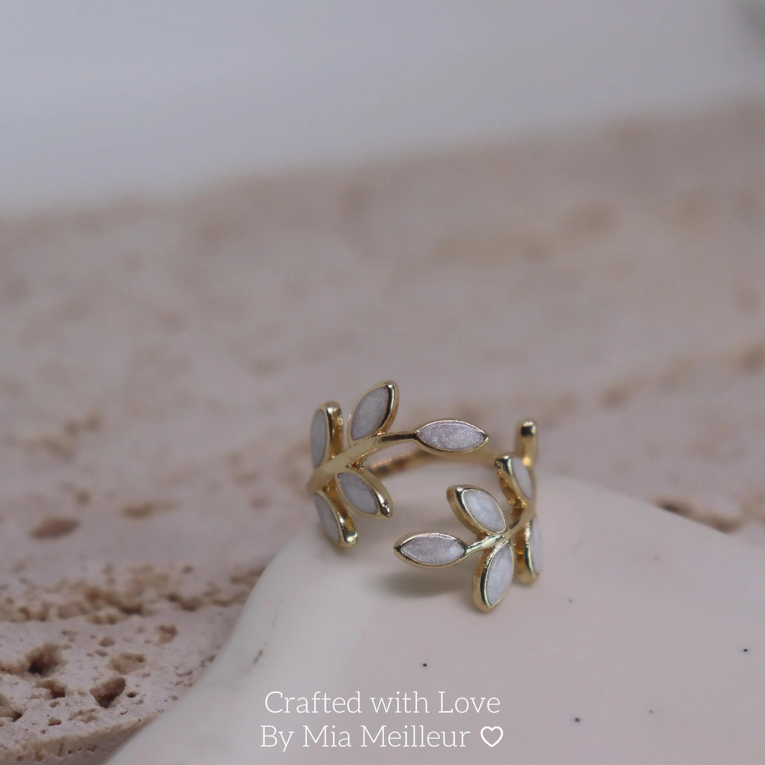 Dainty White Enamel Leaf Open Ring