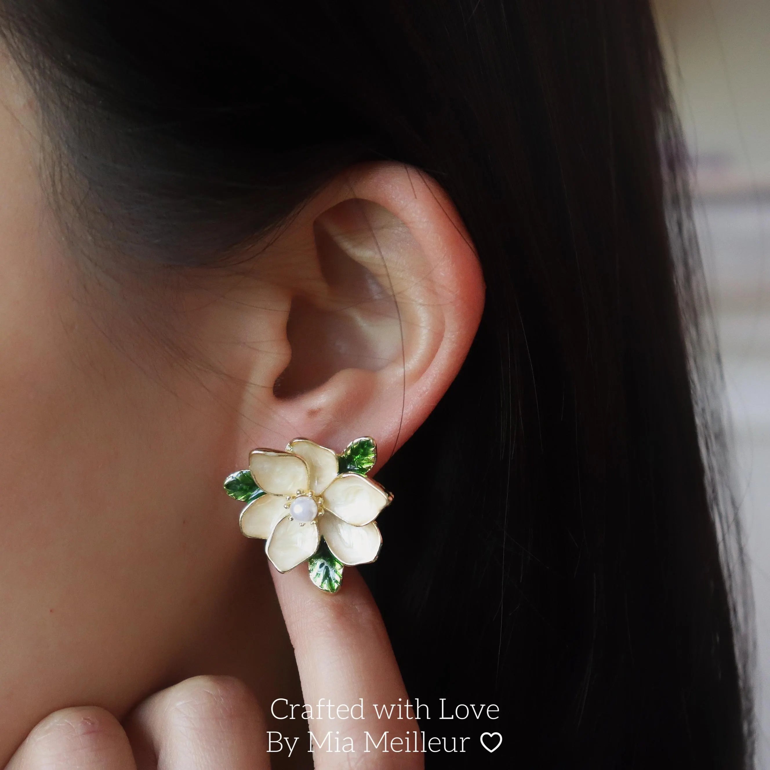 White Floral Earrings, Magnolia Blossom Stud  Earrings