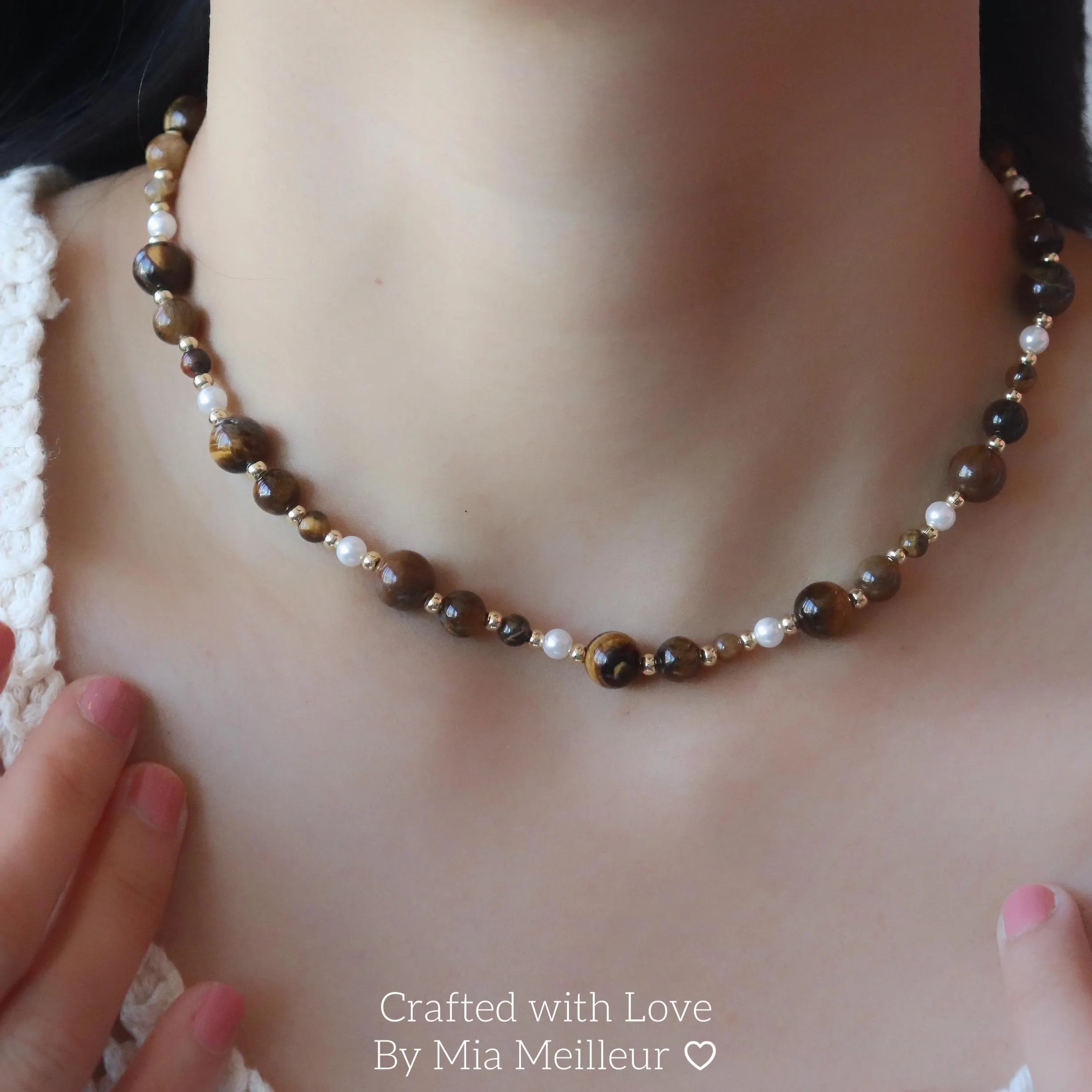 Tiger’s Eye and Pearl Beaded Necklace