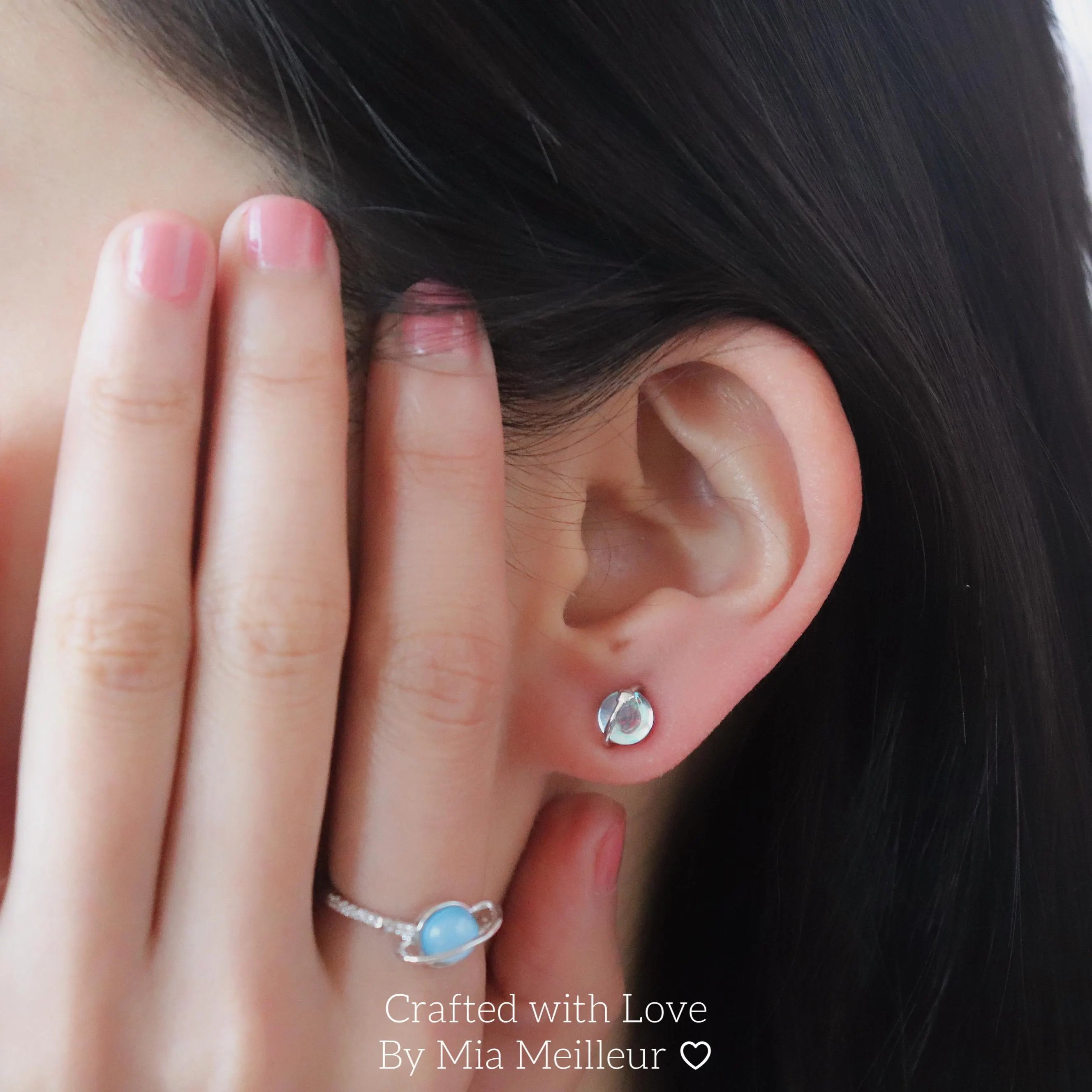 Dainty Planet Moonstone Stud Earrings