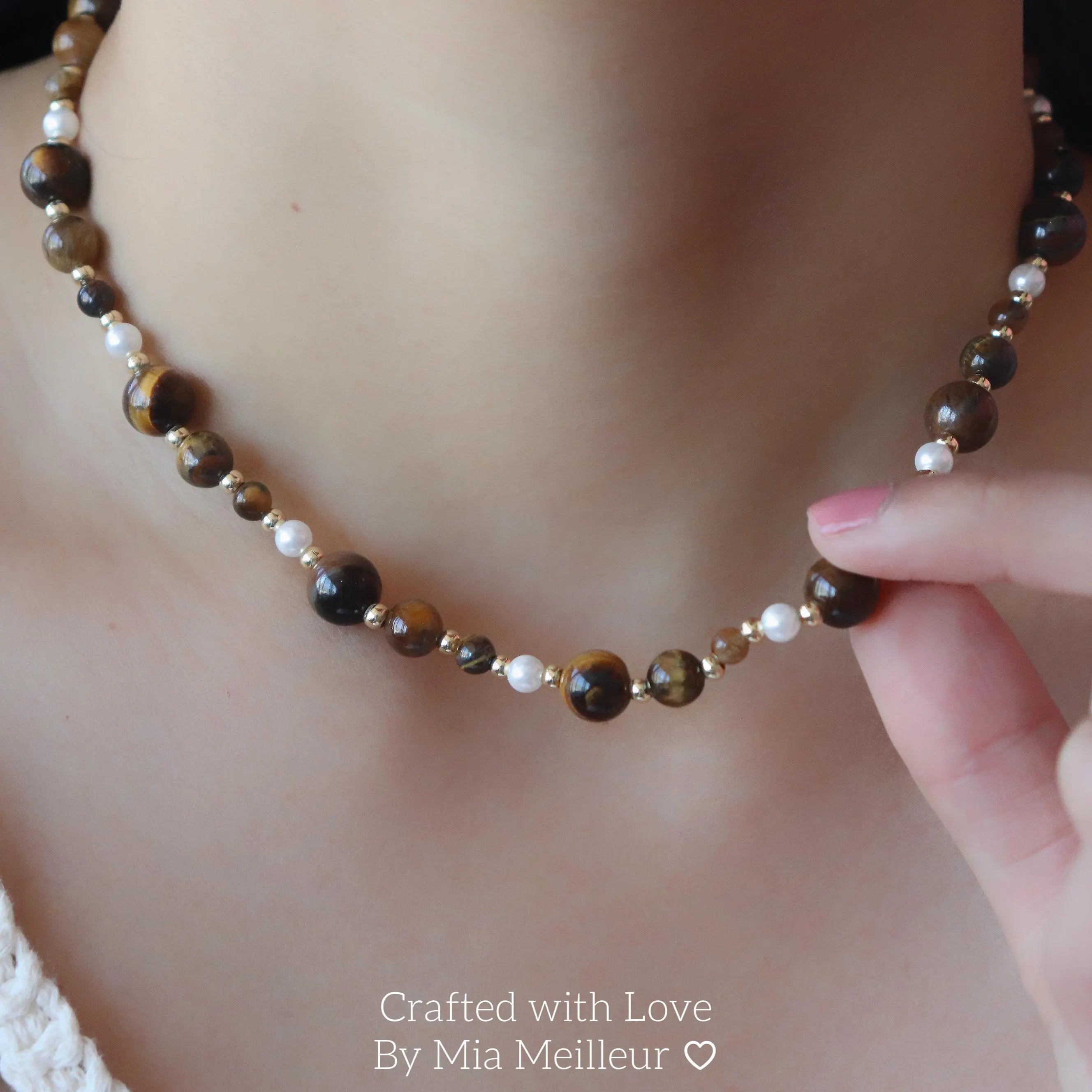 Tiger’s Eye and Pearl Beaded Necklace