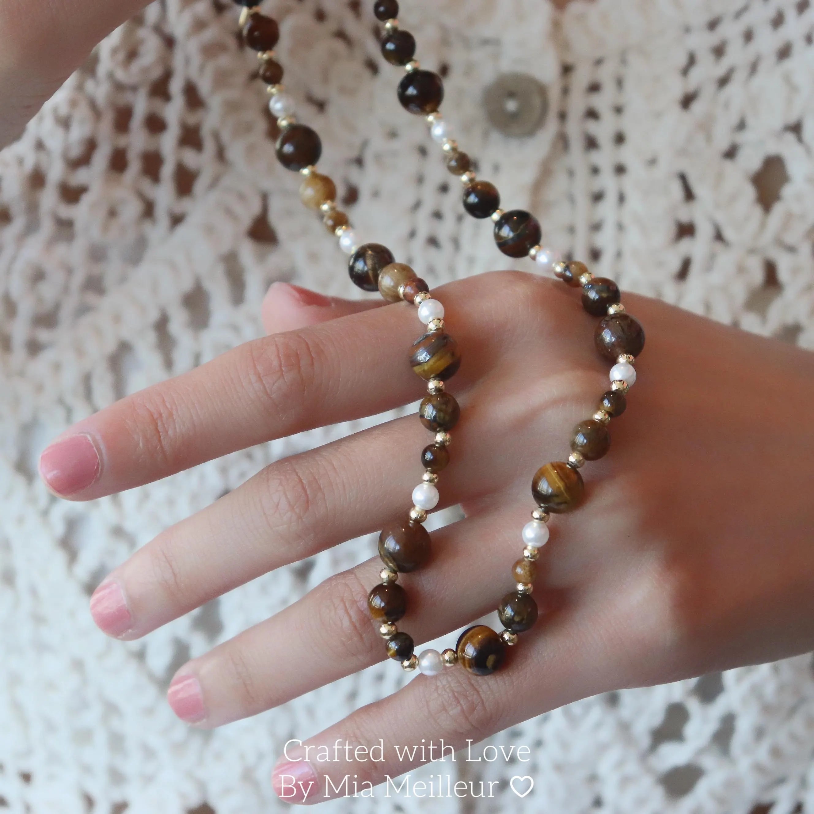 Tiger’s Eye and Pearl Beaded Necklace