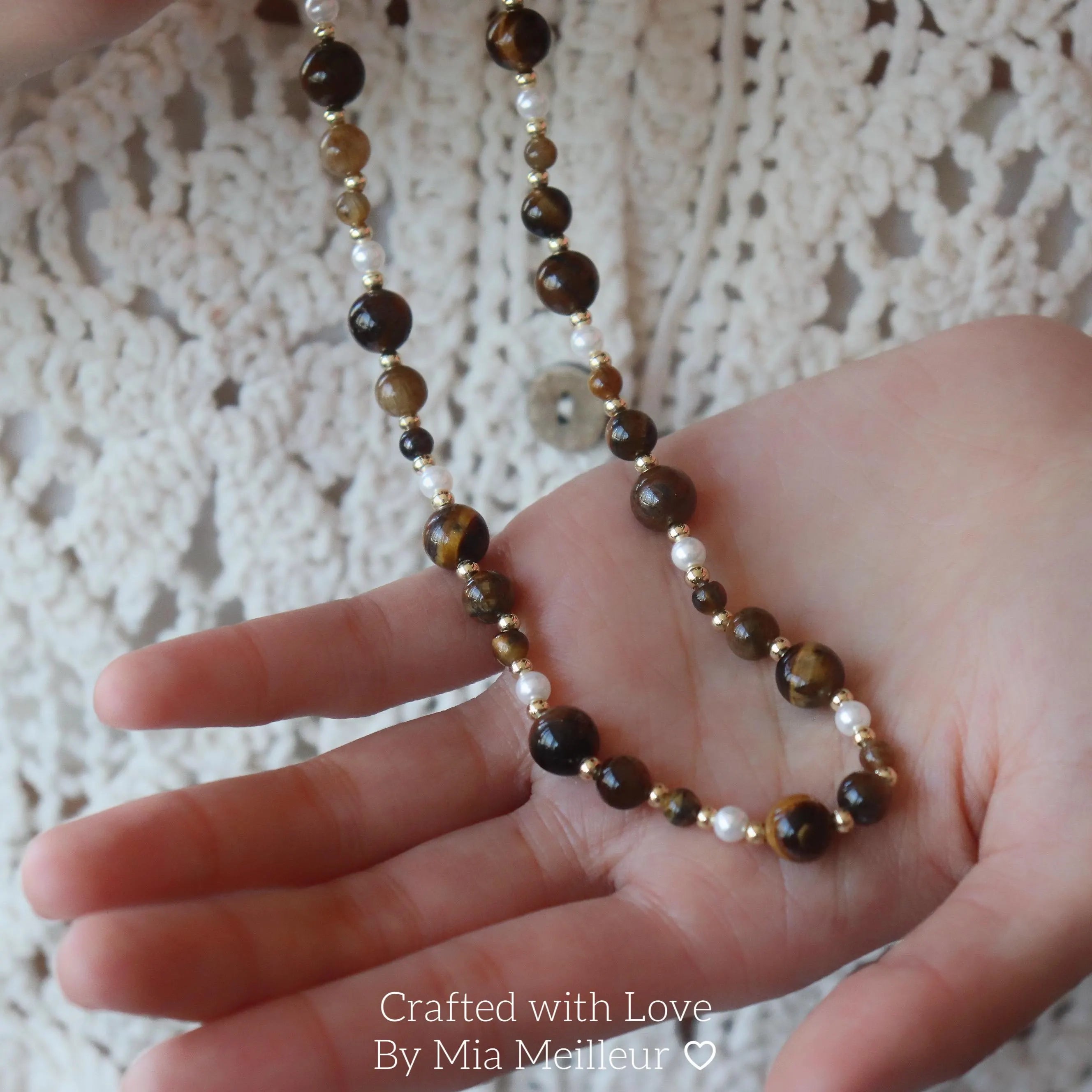 Tiger’s Eye and Pearl Beaded Necklace