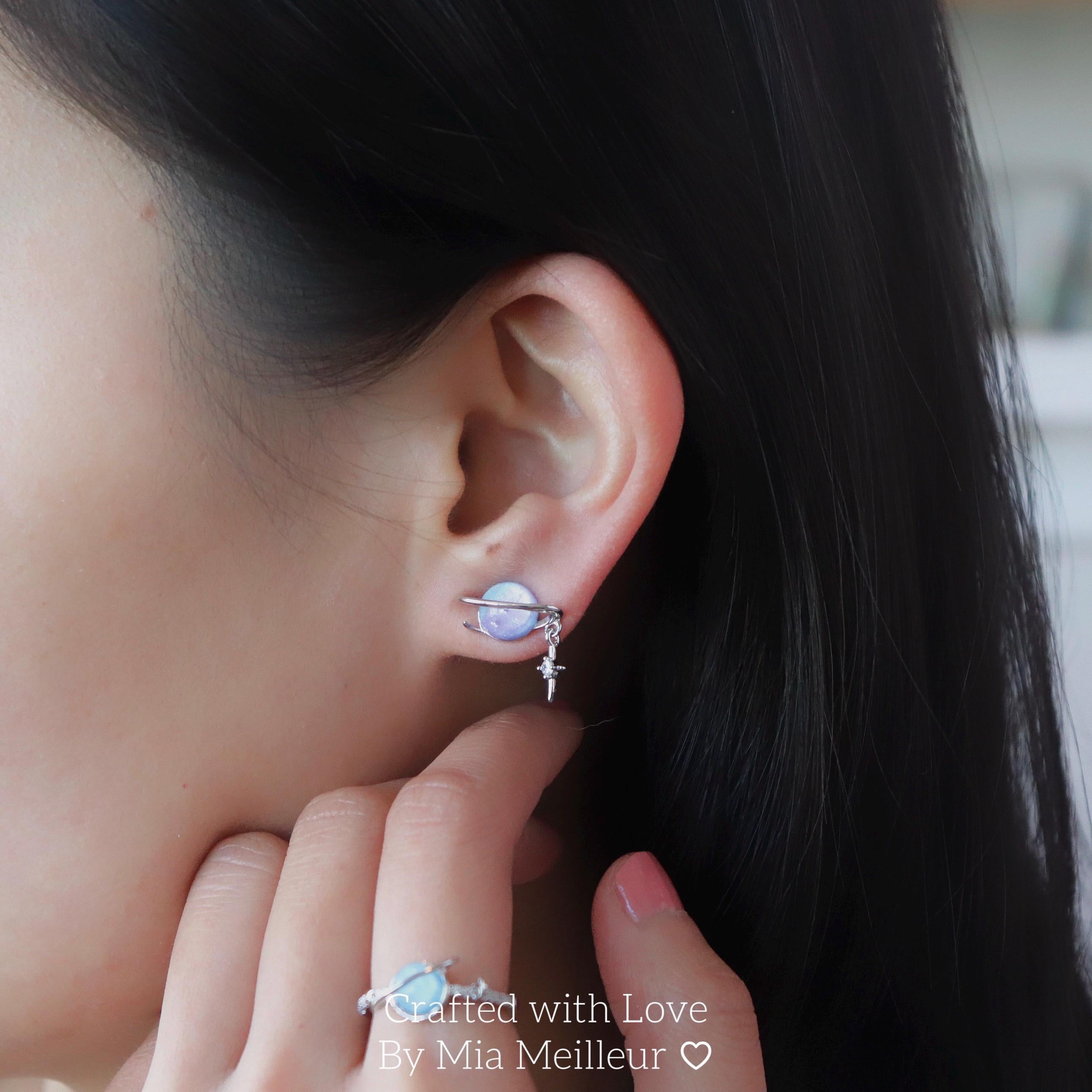 Dainty Planet Moonstone Stud Earrings